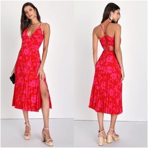 Lulu's Red and Pink Floral Pleated Midi Dress